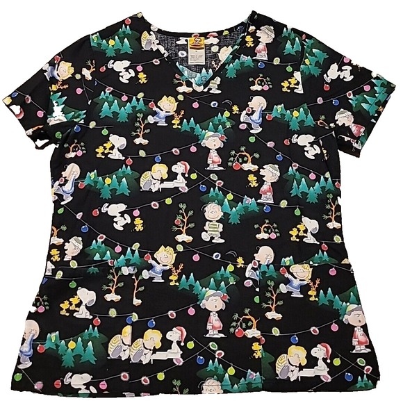 Peanuts Christmas Medical Scrub Ladies Medium Uniform Top Black‎ Snoopy - Picture 1 of 9